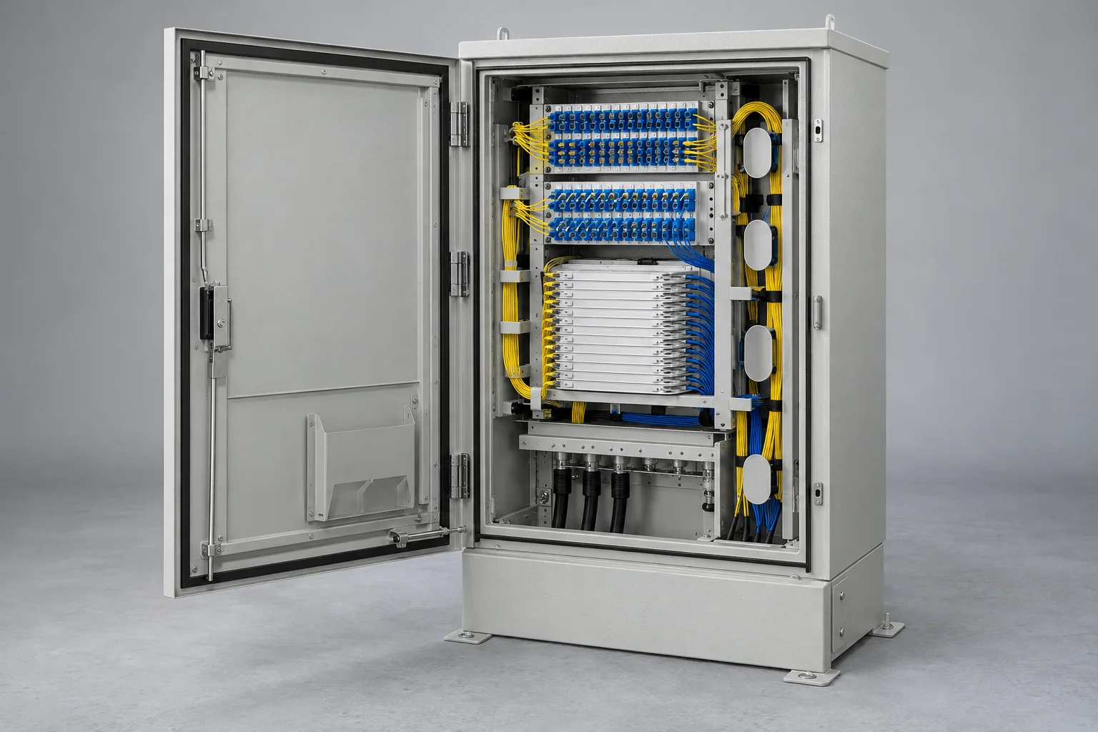 Fiber cross-connect cabinet with organised distribution and patching