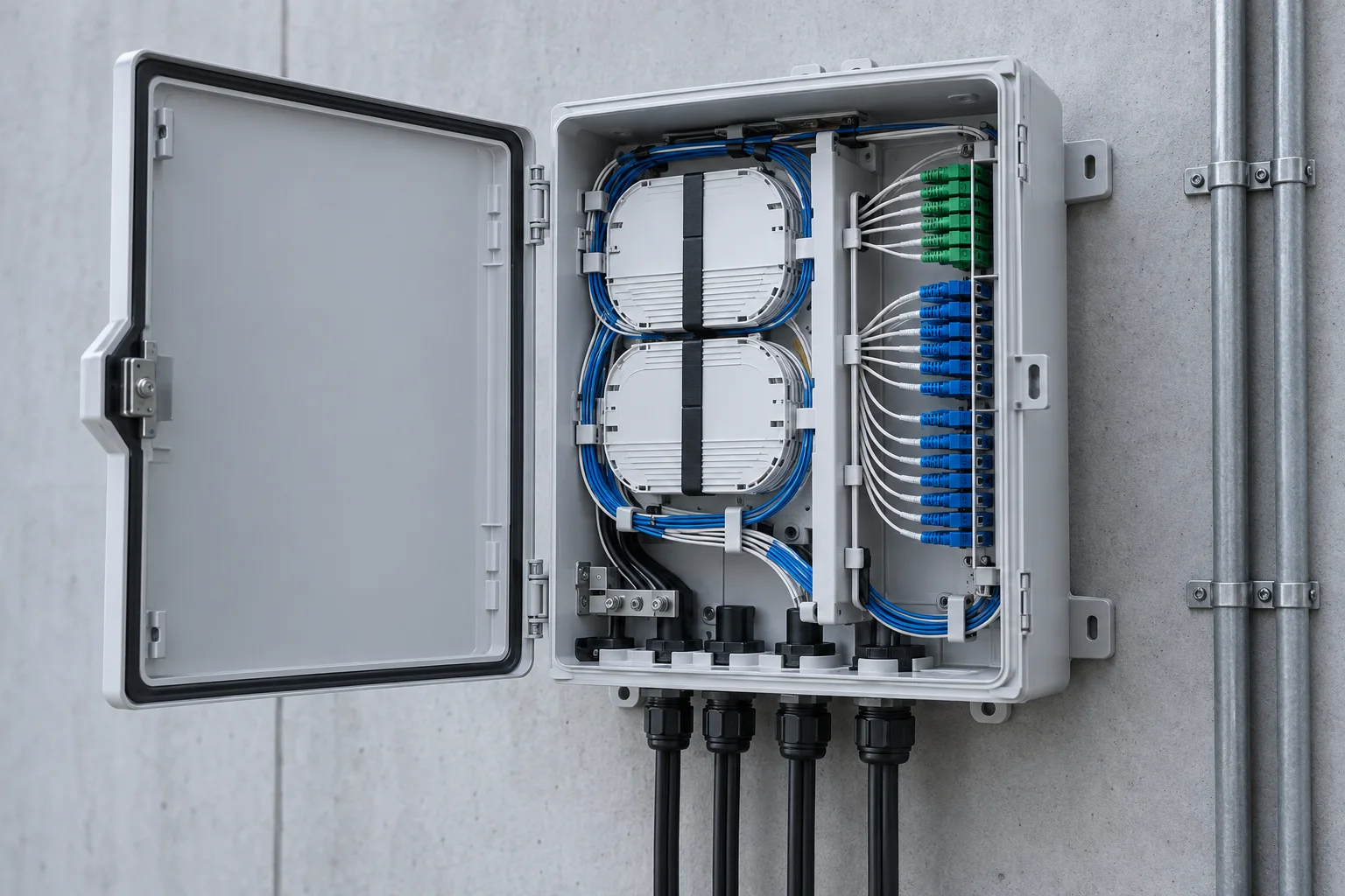Fiber distribution box with organised adapters and splice trays